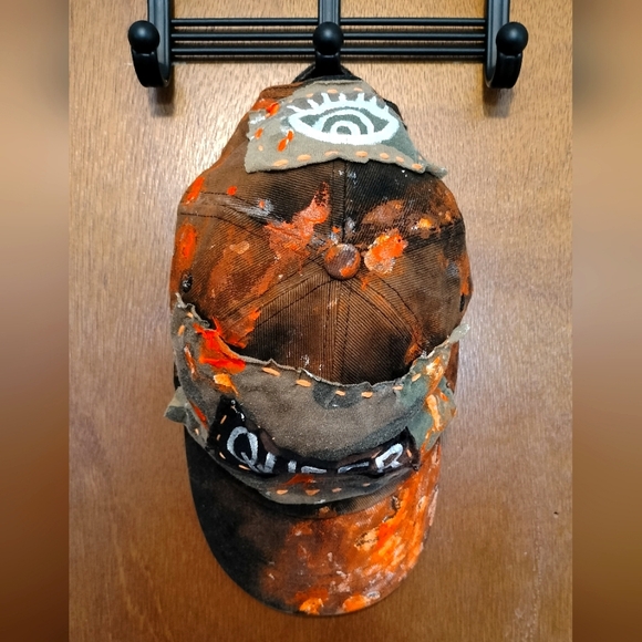 QUEER Camo Bleach Dyed Splatter Painted Hat (neon orange and camo) - Picture 3 of 8